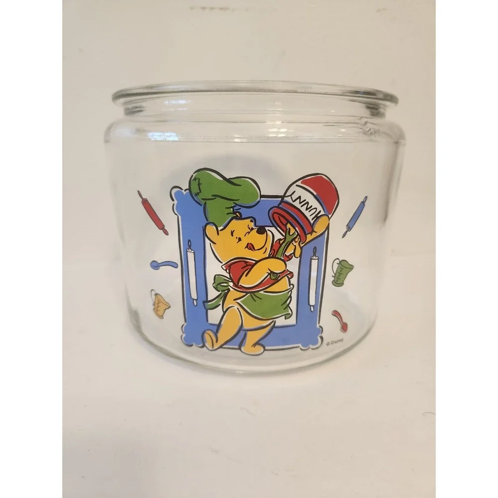 WINNIE THE POOH What's Cooking Glass Cookie Jar Clear Canister Vtg 1990s Disney